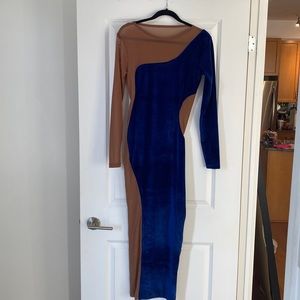 Blue velvet / nude maxi dress